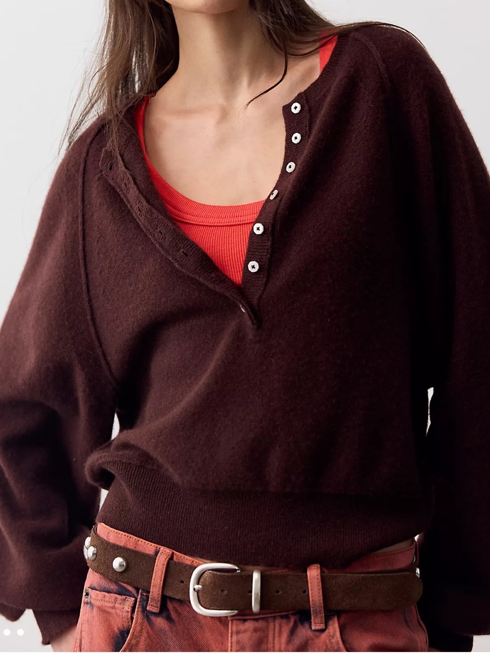 Free People Porta Cashmere Henley Sweater Chocolate Brown XS $168